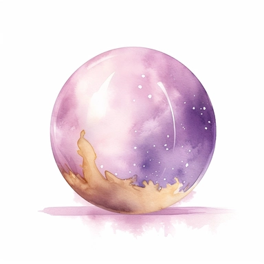 Crystal Ball, in the style of watercolor illustrations, pink and gold, soft lilac, magical and mystical, galaxy elements, modern minimal watercolor, on white background, clipart
