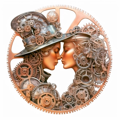 Against the stunning sight of a steampunk steam train, a couple's lips meet for their first kiss. The interplay of copper, gears, and mechanical elements reflects their shared passion and the allure of the retro - futuristic world. Ultra high quality, intricate detail, retro - futurism, pastel clipart, white background