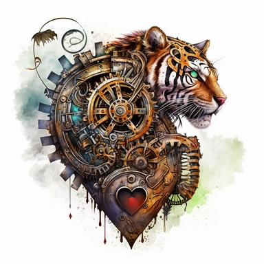 steampunk carnival circus metal tiger with gears and a steam fuelled heart, watercolor style, clipart, crisp white background