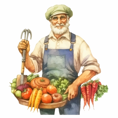 watercolor farmer holding a sign of vegetables and fork stock photo , in the style of realistic depictions, website, animated gifs, colorful gardens, wood, elaborate fruit arrangements, made of all of the above Clipart desert cartoon t-shirt graphic, vector, contour, isolated on a white background