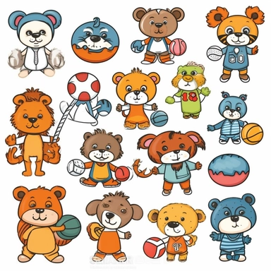 Design a clipart set that depicts animals playing various sports such as basketball, soccer, volleyball, tennis, and football. Select animals that are commonly associated with the specific sport, adding also images of other animals that would be unexpected but depict a playful atmosphere. Add extra details like uniforms and equipment like balls, nets, and rackets. Each animal should be depicted doing a specific action associated with the sport, such as a lion dribbling a basketball or an eagle s