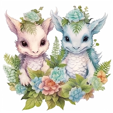 clipart white background Woodland dragon babies hidden among flowers, created with intricate details and a touch of watercolor