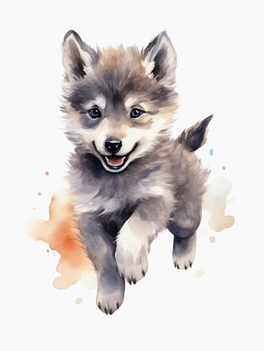 cute happy grey wolf cub running, pastel watercolor, clipart, solid background