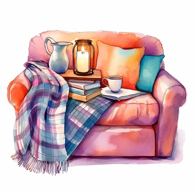 Reading Cozy, couch, cushion, teacup, scarf, blanket, lamp, candle, clipart on a white background, an illustration of by Annabel Kidston, shutterstock contest winner, generative art, detailed painting, digital illustration, intricate in details, photoillustration isolated on white background, digital watercolor , style by Lucy Fleming, watercolor, smooth gradients, black contour outline, ultra detailed, clipart elements, delicate pastel colors, solid white background, super clear, high quality