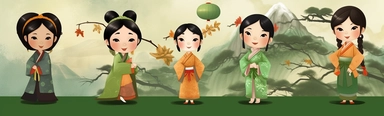 chinese girl child clipart, in the style of video, classical, historical genre scenes, animated gifs, cartoonish humor, green and amber