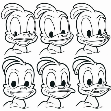 only outline of donald duck with various facial expressions for children's drawing, clipart