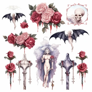 vampire clipart set, watercolor, female vampire, coffin, gothic mansion, bats, crosses covered in roses, detailed, white background, sticker set, 8k ultra hd