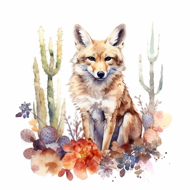 watercolor painting of a Coyote, clipart, watercolor clipart, watercolor splashes, illustration, artsy, desert, tumbleweed, desert flowers, warm colors, white background