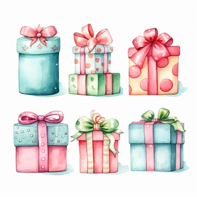 very simple watercolour childrens book style drawing of different isolated happy cute christmas gifts, pastel colours soft on white background for clipart, 8k