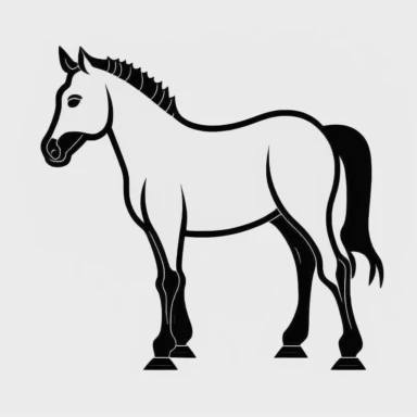 Simple outline of a Mare, kids cartoon, minimalist, black on white, lineart, 2d flat file, silhouette, clipart, uninterrupted outline as in an svg, perfect outline corners, make it an outline svg and fill color white, exact outline, the line should not be thickened, the line should not be thicker or thinner, the outline of the line should be thin, maximum 1 millimetre.