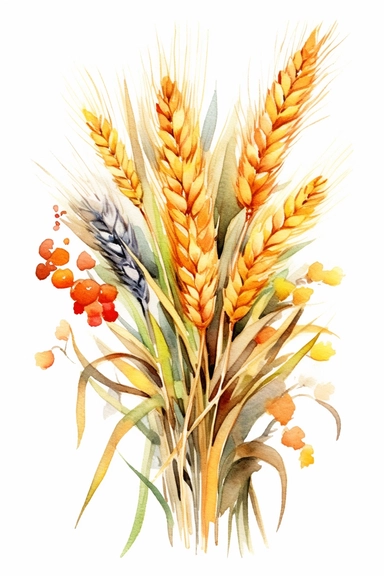 watercolor different grasses and cereal plants, solid background, clipart