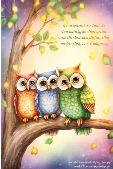 CLIPART, group of owls with message, children book illustrations, Cartoon–cute or childlike, Whimsical illustrations, charming, childlike, carefree, dreamy, fun and colorful, 3D, 8k, cinematic lighting effect, cute, watercolor, cute and quirky, fantasy art, bokeh, hand-drawn, digital painting, soft lighting, bird's-eye view, vibrant vector , seed1