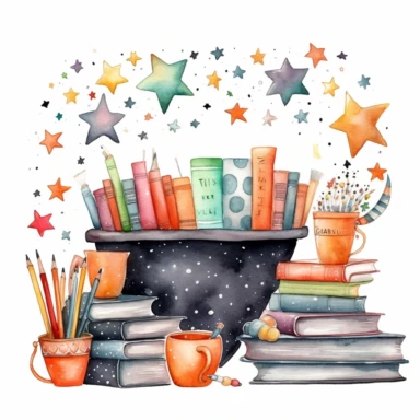 Whimsical watercolor clipart, back to school banner, set of graphics, including black board, stack of books, stationery items in a rusty cup, paint, notebook, bunting, stars and dots, white background