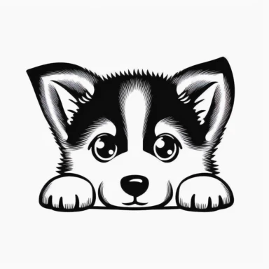 simple outline of a front facing Siberian Husky puppy head peeking with front paws, cute, clipart, flat 2d vector, minimalist, black and white, kids cartoon, svg cut file, line art drawing