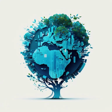 planet earth, glass morphism, tree, leaves, blue, simple, clean white background, digital, circuit board, icon, clipart, futuristic, 2D, flat, svg, sci-fi, 4k, vector