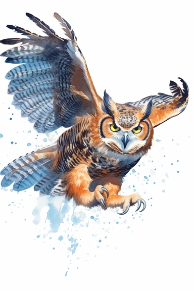 great horned owl, use a combination of vibrant colors and subtle variations in color to capture the freshness and vitality of the scene. Let the transparent and flowing nature of watercolors add a sense of lightness and movement to the painting, clipart, plain isolated white background, 8k ultra detail high sharpness