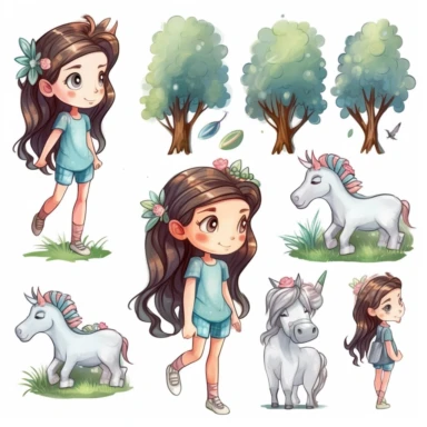 Sprite sheet, a little brunette girl finds a unicorn exploring the forest, Watercolor Clipart, strybk, full Illustration, 4k, sharp focus, watercolor, smooth soft skin, symmetrical, soft lighting, detailed face, concept art, muted colors, watercolor style, strybk, children's style fairy tales, chibi kawaii, . Octane rendering, 3d. Perfect face, detailed face, delicate face, perfect sharp lips, detailed eyes. Craig Davison, Aubrey Beardsley, Conrad Roset, Aikut Aidogdu, Agnes Cecil, watercolor st