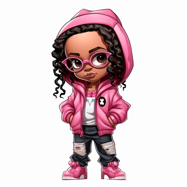 beautiful African American hip hop girl, chibi and kawaii style, white background, clipart, wearing pink