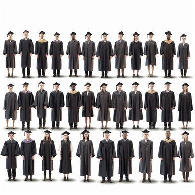 collection set of people in graduation gowns, clip art, organized in rows, spaces, gap, photorealistic, hd, 8k, white background