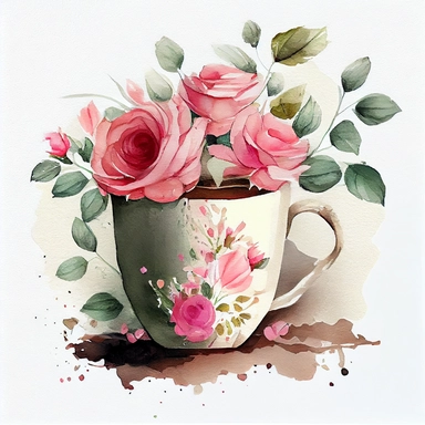 valentine's day, pink coffee cup, roses, cute, lovely style, watercolor wash, fairytale, folkart, clipart, brush strokes, painterly, impressionist style, half painted, lots of details, very realistic, pastel colors, happy, white background