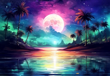 captivating scene of a holographic beach at nighttime. watercolor clipart. watercolor clipart. The lighting should be normal, capturing the serene ambiance of the nighttime setting. The colors should be magnificent, incredible, and relaxing, evoking a sense of tranquility and beauty. The focus of the composition should be a clear view of the water, showcasing the holographic effect with its shimmering and iridescent qualities. Add a touch of magic by depicting the moon leaving a gentle glow on t