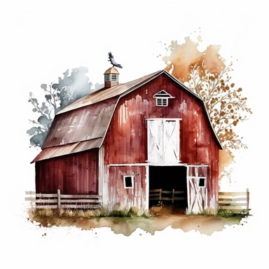barn clip art, watercolor, white background, no caption
