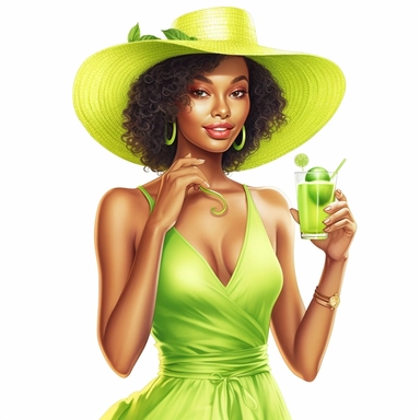 Beautiful pretty black girl wearing summer hat clipart, holding a drink, lime green outfit, highly detailed, 8k, white background