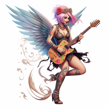 a fairy dressed as a extreme punk, big beautiful wings, playing electric guitar, tattoes, smiling, full body image, pixar style, clipart