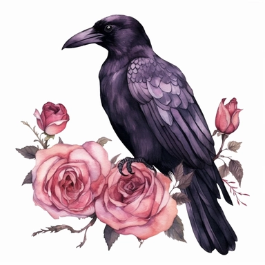 Halloween raven with roses, dark pink and black, watercolor, clipart, illustration, white background