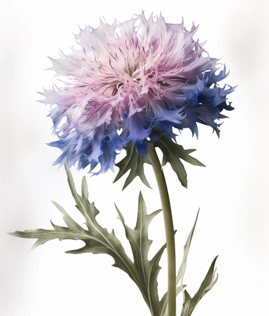 Watercolor Painting of single beautiful PINK Bachelor's Button head FLOWER on white background Flemish Baroque by Rachel Ruysch, Behance, Rococo, Intricate Detailed, Soft Light Effect, Oil Paint Strokes, Light Academia Aesthetic Flowers, Lighting cinematic, all shown shimmering stamens, tyndall light, light effect, texture, colorful, 8k, fantasy, ray tracing, depth of field, vivid, spectacular lighting, octane rendering, highly detailed, ultra - realistic, white background, clipart