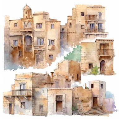 watercolor mardin town in turkiye, illustrations clipart set, simple, , cartoon elements ,different variants , historic stone houses,historic buildings, cobblestone lanes, tone facades of the buildings, Mardin's stone Alleyways separate elements with a margin