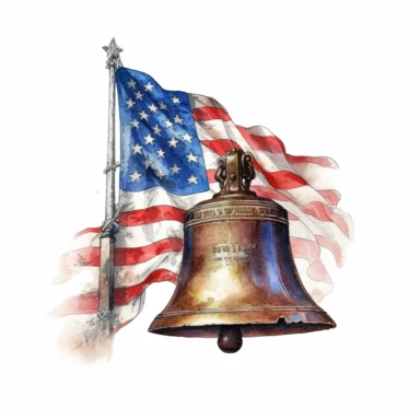 Original Liberty Bell of Philadelphia with american flag, Vectorial, highly detailed, watercolor, clipart, illustration, white background, digital painting, paper crafting, no signature, no text