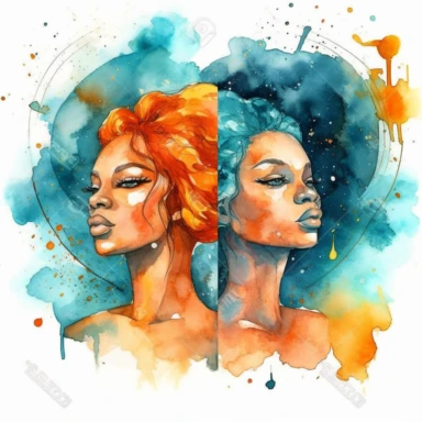 beautiful clipart watercolor of Gemini zodiac sign using nubian queen as image bright colors with white background no words or letters
