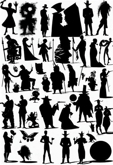 silhouettes of swindlers, monks, demons, mythological characters, disguised people, magicians, fools, lunatics, soldiers, priests, devils, fauns, angels, jugglers, cops, clowns, madmen. Bizarre, whimsical, random, victorian, theatrical, funny. Black and white clipart collection, white background