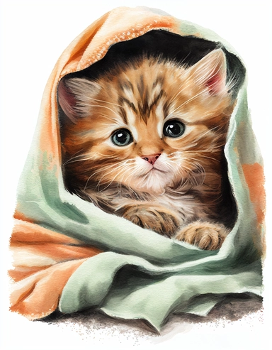 baby cat in a blanket, watercolor clipart, transparent background
