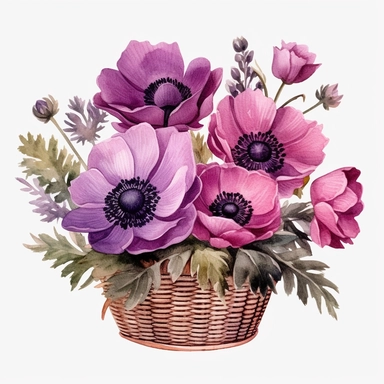 dark Magenta anemone flower bunch, watercolor, clipart, highly detailed, HD, flower bunch in a basket