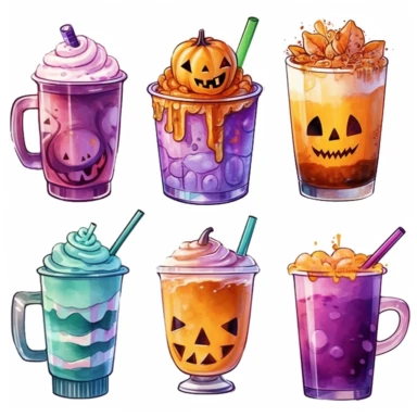 Watercolor cartoon different coffee beverages in different color cups lattes iced coffees with whipped cream halloween scary pumpkins cliparts isolated on a white background, colors purple, teal, orange, yellow high quality, extremely detailed