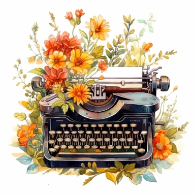 An old-fashioned typewriter, add wheats and little flowers use warm colors such as yellow, orange, green, red, high quality, watercolor art and clear lines, bright colors, clipart