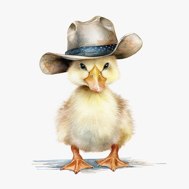 Baby duck in a cowboy hat, full body, clip art, watercolor, clean, neat.