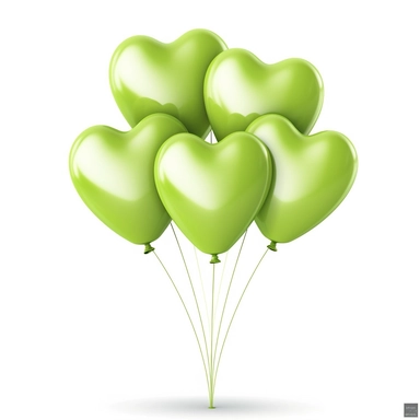 illustration of a group of heart shape light green balloons against white background, beautiful, white background, clipart, PNG pure white background, high resolution, best quality, unreal engine 5
