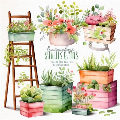 Watercolor Spring Planters Clipart - springtime cute planter boxes and garden ladders