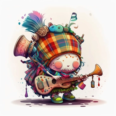 Illustration in boho style, clipart, sublimation picture An alien in a Scottish skirt with a musical instrument bagpipes. Bright colorful colors. White empty background, high quality 8k, quality detail