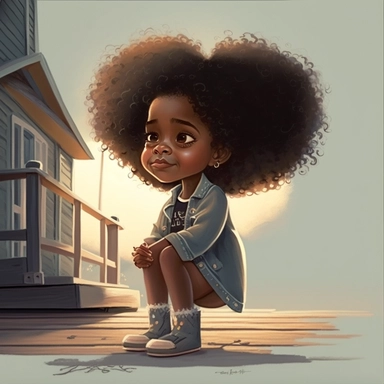 pixar illustration of Harper sitting down at a dock in Sag Harbor town , An illustration of fiver year old light skin happy black girl with curly afro, siiting at the dock in sag harbor ,sittin looking out onto the harbor , whale wacthing ,from the community's stunning Sunset Beach, east hampton , summer vaction, beach town , summer days , muted tones , shy warm heart , pixar , hyper detailed , smooth skin realistic animated — Happy Black Girl Smiling art,black girlsclipart, Funny black girl , C
