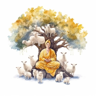 Buddha meditating below a tree surrounded by sheeps, watercolor style, clipart solid white background