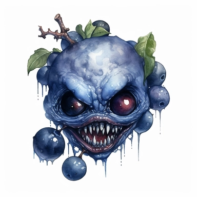 An intricate watercolor of the scary face of a blueberry fiend. watercolor, white background, clipart, ultra high detail, ultrarealistic