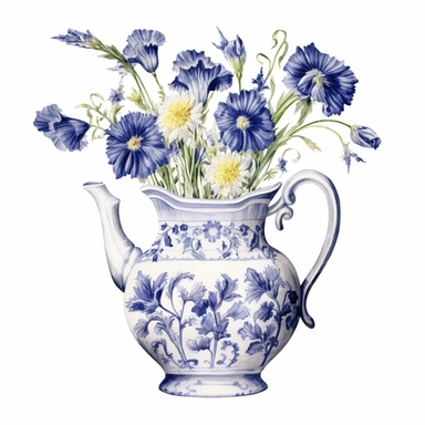 Design a dreamy watercolor clipart of frenchfarmhouse-inspired Cornflowers, daisies, and lisianthus arranged in a vintage ceramic pitcher composition, hand-painted with soft and graceful brushstrokes. Draw inspiration from the artistic finesse of Ethereal Petals Watercolors for a refined and ethereal depiction. isolated on a white background, hand-drawn illustration, hand-painted watercolor texture, 16k UHD resolution, intricately detailed, sharp focal points, designed by Ana Victoria Calderon a
