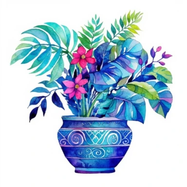 A vibrant watercolor clipart image capturing the beauty of a house plant in full bloom. The plant's lush green leaves and delicate flowers are depicted with bold brushstrokes and vivid colors, emanating a sense of energy and vibrancy. The artwork showcases the plant in a decorative pot, adorned with intricate patterns and vibrant hues. This captivating clipart is perfect for designs that aim to celebrate the beauty of nature, infusing them with a burst of natural freshness and joy. /clipart