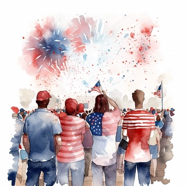 Watercolour of a 4th July celebration , viewed from behind, Clipart,Cartoon,hyper realistic, intricate detail, illustration style,high resolution, isolated on a white background