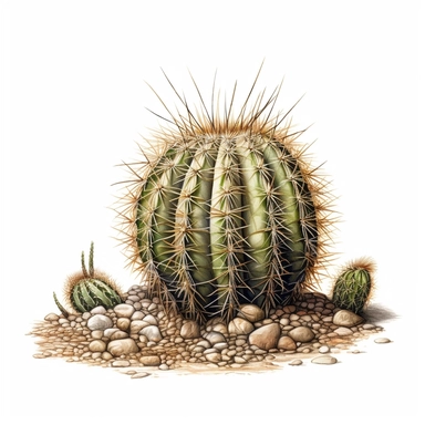 Echinocactus cactus, planted in the earth, stimwave, clipart, inside border