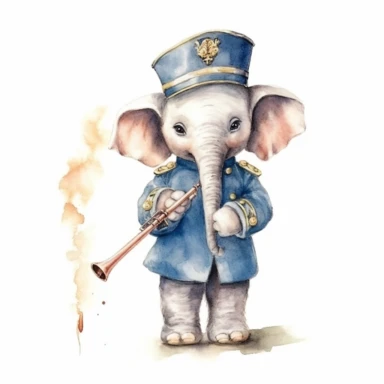 baby elephant as a marching band flute player, watercolor clipart, nursery style